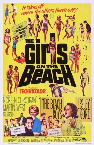 THE GIRLS ON THE BEACH, US poster art, bottom from left: The Crickets, Martin West, Noreen Corcoran, The Beach Boys, Lesley Gore, 1965