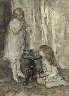 Long Prints: Two Girls Blowing Bubbles, by Jacob Maris, c. 1880, Dutch watercolor painting