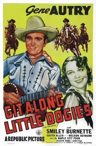 Autry Prints: GIT ALONG LITTLE DOGIES, US poster art, from left: Gene Autry, Judith Allen, 1937
