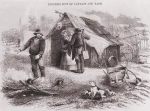 Dwellings Prints: Gold diggers hut of canvas and bark in the Australian gold fields in the 1850s