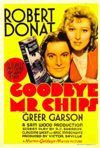 Donat Prints: GOODBYE, MR. CHIPS, from left: Robert Donat, Greer Garson on midget window card, 1939