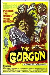 THE GORGON, Prudence Hyman (as the Gorgon), Peter Cushing (upper right corner), Barbara Shelley (woman on upper right), 1964