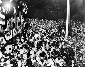 Gov. Franklin Roosevelt speaks to a crowd of over 30, 000 on his return to Albany. They are celebrating his winning of the Democratic Presidential nomination