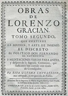 Basin Prints: GRACIAN, Baltasar (1601-1658). 'Obras de Lorenzo Gracin' (Works by Lorenzo Gracian)