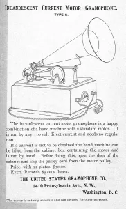 Phonograph Prints: Gramophone advertisement, Incandescent Current Motor Gramophone, circa 1890s