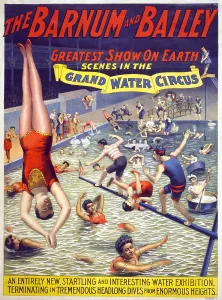 Swimming Pool Prints: The Grand Water Circus in the Barnum & Bailey circus. chromolithograph ca. 1895