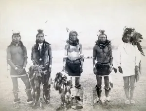Sioux Prints: Five Grass dancers in ceremonial clothing