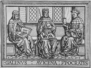 Woodcuts Prints: The three great ancient teachers of medicine: Galen (Roman)