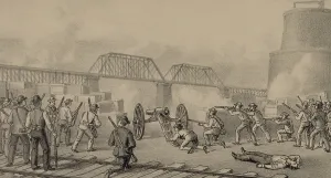 Riots Prints: Great Battle of Homestead. Strikers shooting fireworks left over from July 4th celebrations at the Pinkerton barges