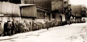 Economic Crisis Prints: Great Depression breadline at McCauley Water Street Mission under Brooklyn Bridge