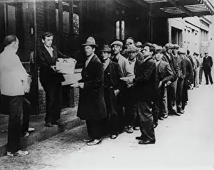 Line Prints: The Great Depression. Men line up for free bread and soup, 1932