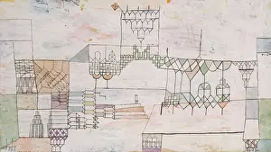 Swiss Prints: GREAT HALL FOR SINGERS, by Paul Klee, 1930, Swiss drawing, watercolor and gouache on paper