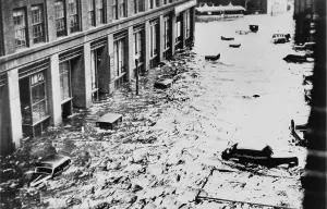 Hurricanes Prints: Great Hurricane of 1938. Automobile roofs on flooded Sabin Street