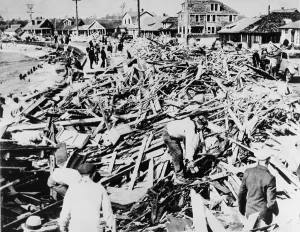 Hurricanes Prints: Great Hurricane of 1938. Rescue workers combing debris at Myrtle Beach