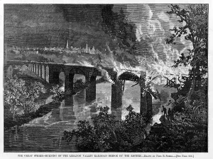 November Prints: Great Railroad Strike of 1877. Burning of the Lebanon Valley Railroad bridge by the rioters
