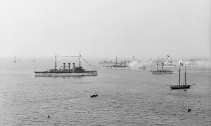 Us Navy Prints: The Great White Fleet. U.S. battleships saluting the Mayflower, Hampton Roads, Va. 1907