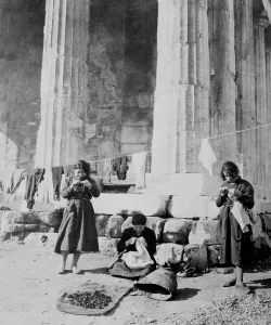 Sewing Prints: Greek refugee women doing needlework in front of the Temple of Theseus