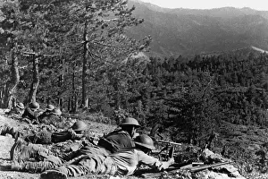 Lcgr1411 Prints: Greek soldiers in a fight on Profiti Helia during the Greek Civil War