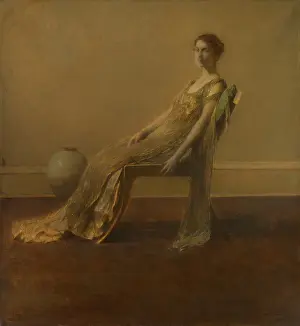 Embroidery Prints: GREEN AND GOLD, by Thomas Wilmer Dewing, 1917, American painting, oil on canvas