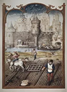 Grimani Breviary. 16th c. Month of October. Representation of the sowing. Renaissance art. Miniature Painting. ITALY. Venice. Biblioteca nazionale marciana (St)