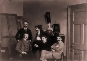 Studios Prints: Group in James McNeill Whistler's London studio photographed in 1881: From left) Julian and Waldo Story