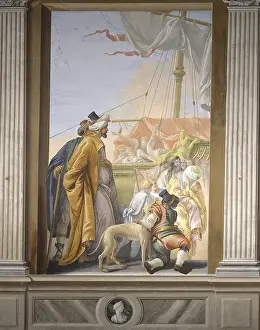 Pillar Prints: Group of Merchants with a Dog and a Ship on the Background (Gruppo di mercanti con cane e nave sullo sfondo)