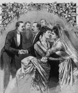 Wedding Dress Prints: Grover Clevelands young wife, Frances Folsom, receiving kiss from her mother