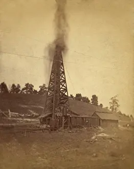 Wells Prints: Gusher spewing oil from top of a derrick at the Lady Hunter Well near Petrolia City
