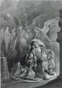 Gustave Prints: Gustave Dore illustration of Edgar Allan Poe's 'The Raven;' the poem's narrator with visions of