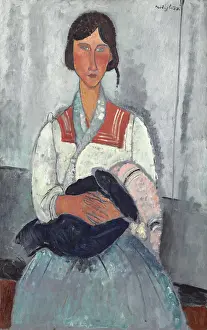 Cubist Prints: Gypsy Woman with Baby, by Amedeo Modigliani, 1919, Italian painting, oil on canvas