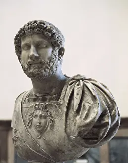 HADRIAN (76-138). Depiction in relief of Medusa's head in the centre of the cuirasse. Roman art. Early Empire. Sculpture on marble. SPAIN. Sevilla. Archaeological Museum