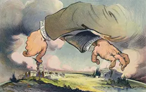 Drawings Prints: HANDS ACROSS THE LAND, political cartoon about the relationship between Politics and Banks