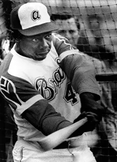 Batting Prints: Hank Aaron knocks one out of the park during batting practice in Los Angeles