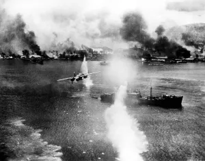 War Planes Prints: At the Harbor of Rabayl, a bombing of a Japanese ship (in foreground)