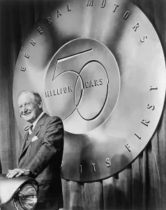 Industrialists Prints: Harlow H. Curtice president of General Motors with a 1955 Chevrolet Bel Air Sport Coupe the 50 millionth car produced