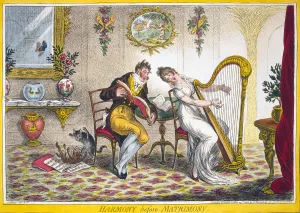 Regency Prints: Harmony before Matrimony. A young woman and a fashionably dressed young man singing a duet