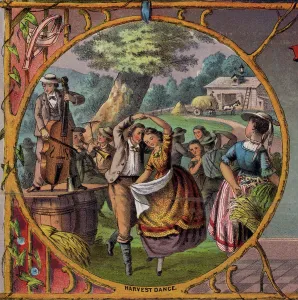 Advertisement Prints: Harvest dance. A ruyral community celebrates the annual harvest with an outdoor dance