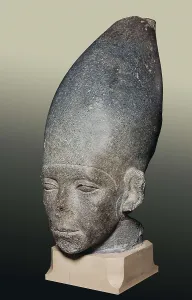 Head of Amenemhat I. 1991 -1962 BC. Represented with the white crown. Egyptian art. Middle Kingdom. Sculpture on rock. EGYPT. Cairo. Egyptian Museum. Proc: EGYPT. Kom el-Hisn