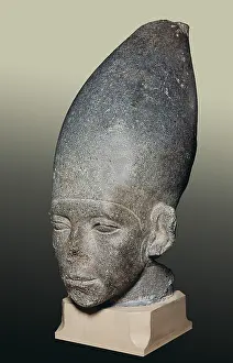 Head of Amenemhat I. 1991 -1962 BC. Represented with the white crown. Egyptian art. Middle Kingdom. Sculpture on rock. EGYPT. Cairo. Egyptian Museum. Proc: EGYPT. Kom el-Hisn