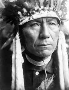 Images Dated 27th August 2008: Head-and-shoulders portrait of Nez Perc man in full feather headdress