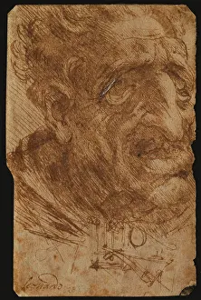 Pen And Ink Prints: Head of an Old Man and Sketches of a Mechanical Device