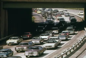 Congestion Prints: Heavy rush hour traffic as commuters drive to their suburban homes from their workplaces in Cleveland