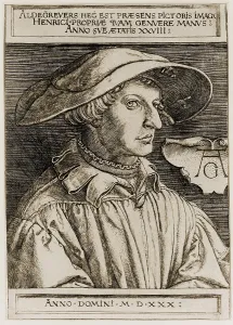 Prints: Heinrich Aldegrever (1502-1561), German painter and engraver, in a self portrait of 1530