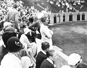 Tennis Prints: Helen Wills Moody watching tennis match at Forest Hills