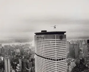 Skyscraper Prints: A helicopter test flight hovers over the rooftop heliport of the Pan Am Building in Manhattan
