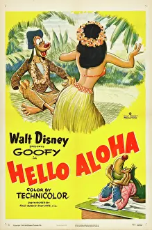 Disney Prints: HELLO ALOHA, top and bottom: Goofy on poster art, 1952