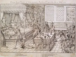 Patients Prints: Henry II of France lies in bed surrounded by attendants after he was wounded while jousting during the celebration
