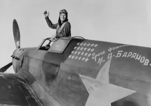 Hero of the Soviet Union, pilot Mikhial Baranov on the Don River front, 1942. His plane displays 24 stars for his victories against the Germans. He died on Jan