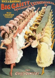 1900 1909 Prints: High kicking chorus girls with low necklines and short skirts of a turn of the century variety theater