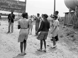High School Prints: High school jazz band, African American teeneagers dancing and playing music